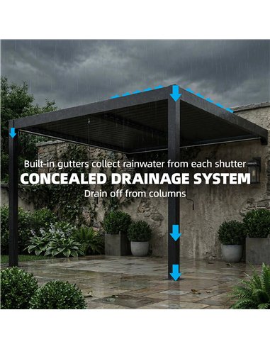 Outsunny 3 x 3 m Louvered Pergola with LED Lights, Metal Louvres, Wall Mounted Aluminium Patio Gazebo Pergola, Dark Grey