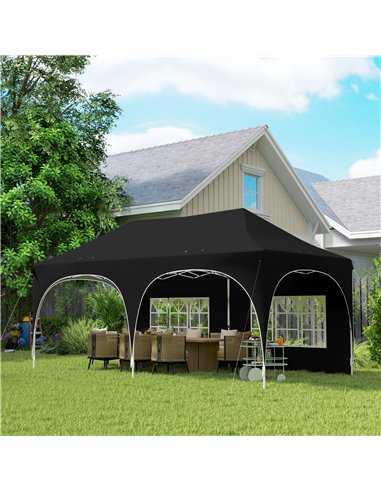 Outsunny 3 x 6m Pop Up Gazebo Shelter with Sides, 6 Sandbags, Peak Top Garden Party Tent Marquee with Carry Bag, Black