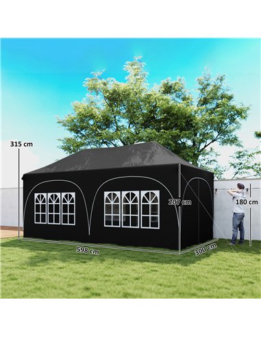 Outsunny 3 x 6m Pop Up Gazebo Shelter with Sides, 6 Sandbags, Peak Top Garden Party Tent Marquee with Carry Bag, Black