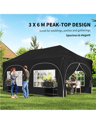 Outsunny 3 x 6m Pop Up Gazebo Shelter with Sides, 6 Sandbags, Peak Top Garden Party Tent Marquee with Carry Bag, Black