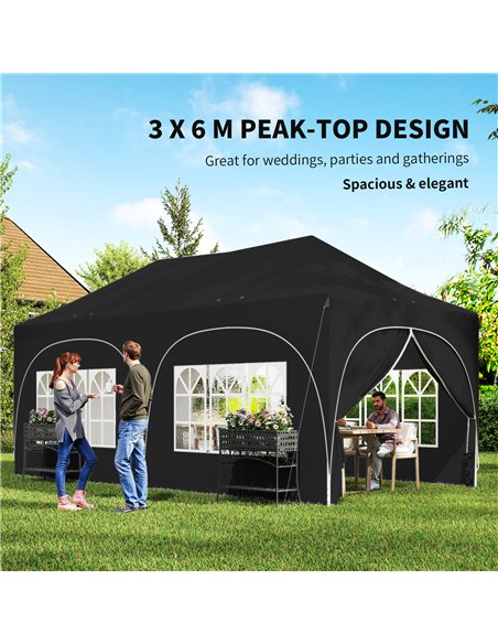 Outsunny 3 x 6m Pop Up Gazebo Shelter with Sides, 6 Sandbags, Peak Top Garden Party Tent Marquee with Carry Bag, Black - pic 185759 | FastDaddyshop