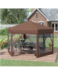 Outsunny 3x3.5m Hexagonal Pop Up Gazebo with Mosquito Netting Zipped Door, Brown 2