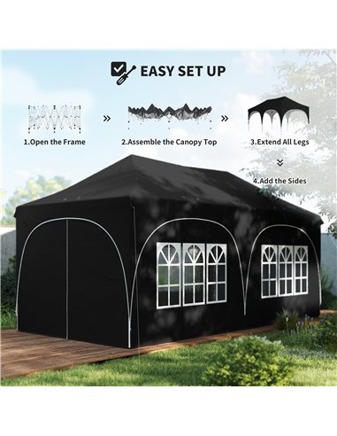 Outsunny 3 x 6m Pop Up Gazebo Shelter with Sides, 6 Sandbags, Peak Top Garden Party Tent Marquee with Carry Bag, Black