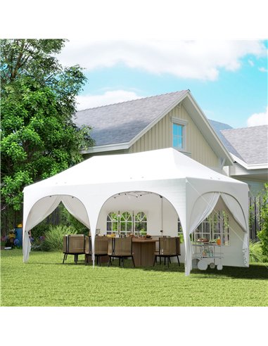 Outsunny 3 x 6m Pop Up Gazebo Shelter with Sides, 6 Sandbags, Peak Top Garden Party Tent Marquee with Carry Bag, Light Grey/Whit