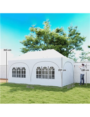 Outsunny 3 x 6m Pop Up Gazebo Shelter with Sides, 6 Sandbags, Peak Top Garden Party Tent Marquee with Carry Bag, Light Grey/Whit