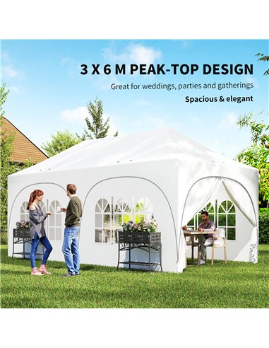 Outsunny 3 x 6m Pop Up Gazebo Shelter with Sides, 6 Sandbags, Peak Top Garden Party Tent Marquee with Carry Bag, Light Grey/Whit