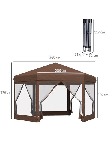 Outsunny 3x3.5m Hexagonal Pop Up Gazebo with Mosquito Netting Zipped Door, Brown