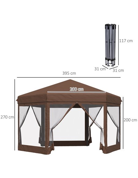 Outsunny 3x3.5m Hexagonal Pop Up Gazebo with Mosquito Netting Zipped Door, Brown - pic 18577 | FastDaddyshop