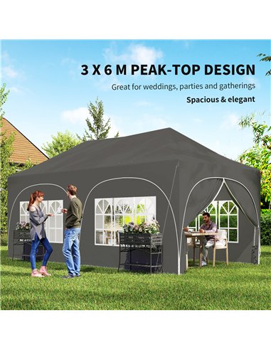 Outsunny 3 x 6m Pop Up Gazebo Shelter with Sides, 6 Sandbags, Peak Top Garden Party Tent Marquee with Carry Bag, Dark Grey