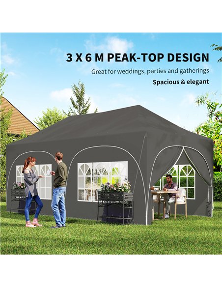 Outsunny 3 x 6m Pop Up Gazebo Shelter with Sides, 6 Sandbags, Peak Top Garden Party Tent Marquee with Carry Bag, Dark Grey - pic 185777 | FastDaddyshop