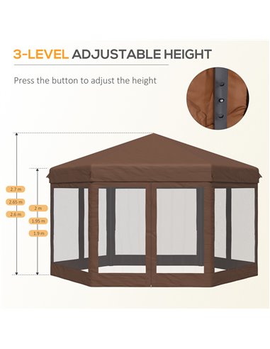 Outsunny 3x3.5m Hexagonal Pop Up Gazebo with Mosquito Netting Zipped Door, Brown