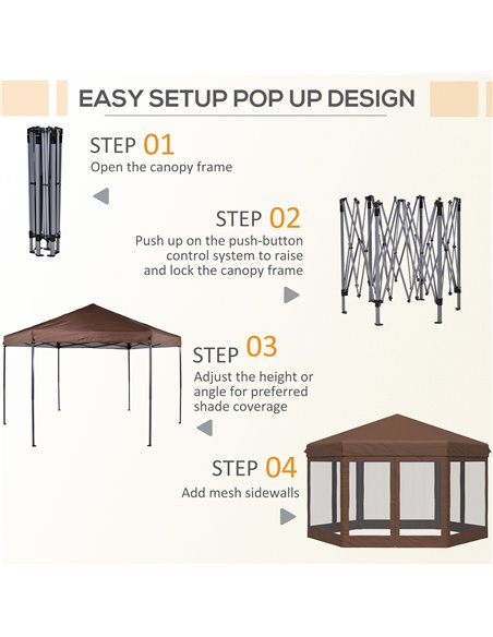 Outsunny 3x3.5m Hexagonal Pop Up Gazebo with Mosquito Netting Zipped Door, Brown - pic 18579 | FastDaddyshop