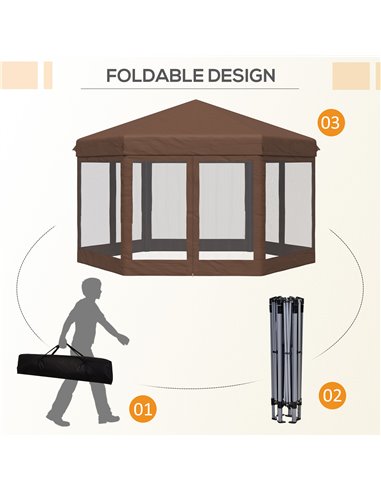 Outsunny 3x3.5m Hexagonal Pop Up Gazebo Party Canopy Height Adjustable Tent Sun Shelter w/ Mosquito Netting Zipped Door, Brown