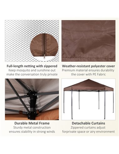 Outsunny 3x3.5m Hexagonal Pop Up Gazebo Party Canopy Height Adjustable Tent Sun Shelter w/ Mosquito Netting Zipped Door, Brown