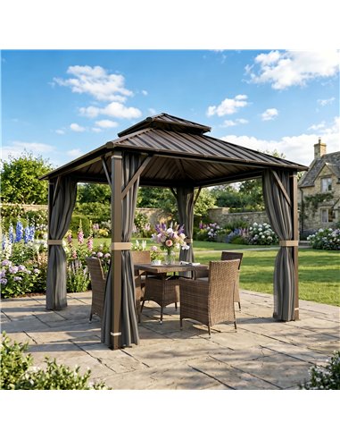Outsunny 3 x 3(m) Hardtop Gazebo Canopy with Metal Roof, Waterproof Permanent Pavilion Garden Gazebo with Netting, Curtains, Gre