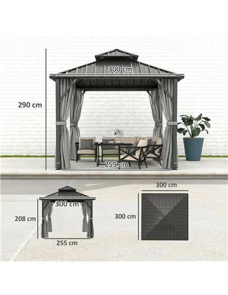 Outsunny 3 x 3(m) Hardtop Gazebo Canopy with Metal Roof, Waterproof Permanent Pavilion Garden Gazebo with Netting, Curtains, Gre - pic 185812 | FastDaddyshop