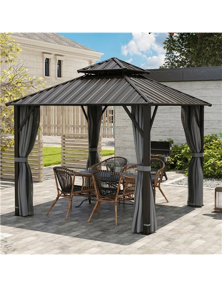 Outsunny 3 x 3(m) Hardtop Gazebo Canopy with Metal Roof, Waterproof Permanent Pavilion Garden Gazebo with Netting, Curtains, Gre - pic 185818 | FastDaddyshop