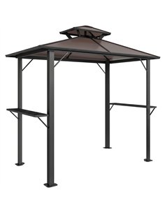 Outsunny 2.5 x 1.5 m Hardtop Grill Gazebo with Double Roof, Aluminium Outdoor BBQ Gazebo Shelter with 2 Side Shelves, Brown
