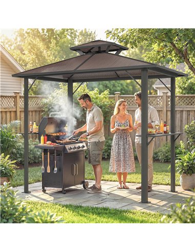 Outsunny 2.5 x 1.5 m Hardtop Grill Gazebo with Double Roof, Aluminium Outdoor BBQ Gazebo Shelter with 2 Side Shelves, Brown