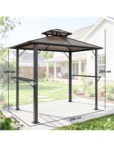 Outsunny 2.5 x 1.5 m Hardtop Grill Gazebo with Double Roof, Aluminium Outdoor BBQ Gazebo Shelter with 2 Side Shelves, Brown