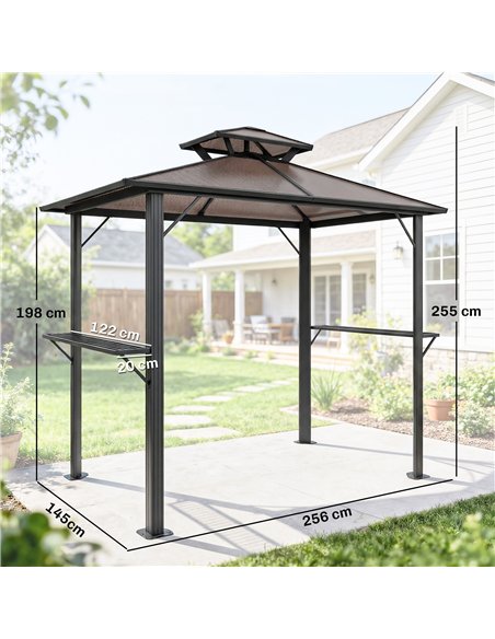 Outsunny 2.5 x 1.5 m Hardtop Grill Gazebo with Double Roof, Aluminium Outdoor BBQ Gazebo Shelter with 2 Side Shelves, Brown - pic 185830 | FastDaddyshop