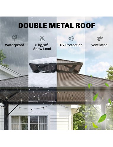 Outsunny 2.5 x 1.5 m Hardtop Grill Gazebo with Double Roof, Aluminium Outdoor BBQ Gazebo Shelter with 2 Side Shelves, Brown
