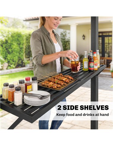 Outsunny 2.5 x 1.5 m Hardtop Grill Gazebo with Double Roof, Aluminium Outdoor BBQ Gazebo Shelter with 2 Side Shelves, Brown