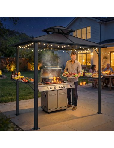 Outsunny 2.5 x 1.5 m Hardtop Grill Gazebo with Double Roof, Aluminium Outdoor BBQ Gazebo Shelter with 2 Side Shelves, Brown