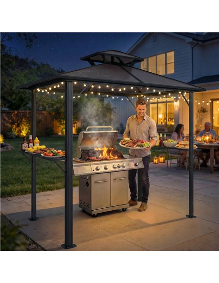 Outsunny 2.5 x 1.5 m Hardtop Grill Gazebo with Double Roof, Aluminium Outdoor BBQ Gazebo Shelter with 2 Side Shelves, Brown - pic 185835 | FastDaddyshop