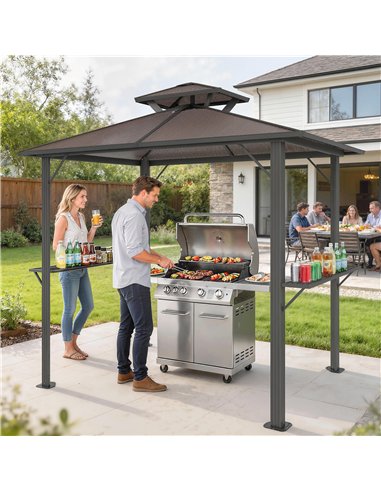 Outsunny 2.5 x 1.5 m Hardtop Grill Gazebo with Double Roof, Aluminium Outdoor BBQ Gazebo Shelter with 2 Side Shelves, Brown