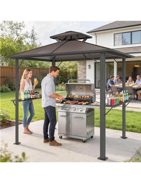 Outsunny 2.5 x 1.5 m Hardtop Grill Gazebo with Double Roof, Aluminium Outdoor BBQ Gazebo Shelter with 2 Side Shelves, Brown - pic 185836 | FastDaddyshop