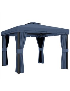 Outsunny 3 x 3(m) Patio Gazebo Canopy Garden Pavilion Tent Shelter Marquee with 2 Tier Roof, Netting and Curtains, Dark Blue