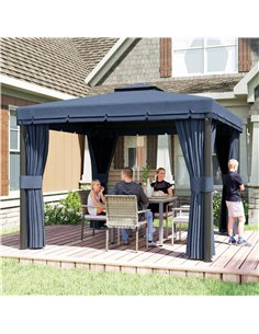 Outsunny 3 x 3(m) Patio Gazebo Canopy Garden Pavilion Tent Shelter Marquee with 2 Tier Roof, Netting and Curtains, Dark Blue 2
