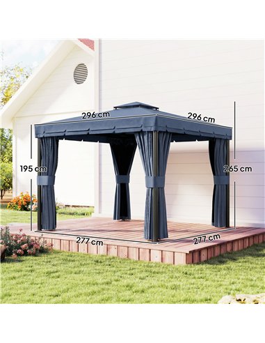 Outsunny 3 x 3(m) Patio Gazebo Canopy Garden Pavilion Tent Shelter Marquee with 2 Tier Roof, Netting and Curtains, Dark Blue