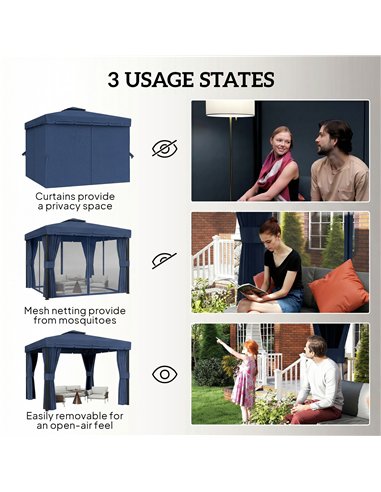Outsunny 3 x 3(m) Patio Gazebo Canopy Garden Pavilion Tent Shelter Marquee with 2 Tier Roof, Netting and Curtains, Dark Blue