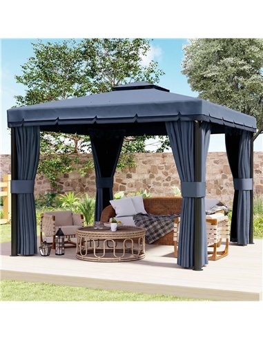 Outsunny 3 x 3(m) Patio Gazebo Canopy Garden Pavilion Tent Shelter Marquee with 2 Tier Roof, Netting and Curtains, Dark Blue