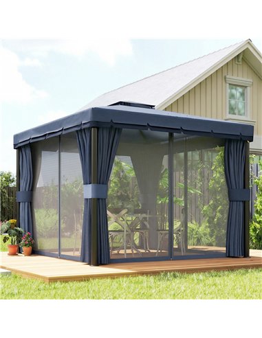 Outsunny 3 x 3(m) Patio Gazebo Canopy Garden Pavilion Tent Shelter Marquee with 2 Tier Roof, Netting and Curtains, Dark Blue