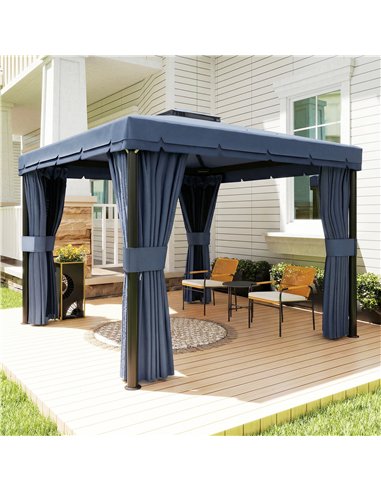 Outsunny 3 x 3(m) Patio Gazebo Canopy Garden Pavilion Tent Shelter Marquee with 2 Tier Roof, Netting and Curtains, Dark Blue