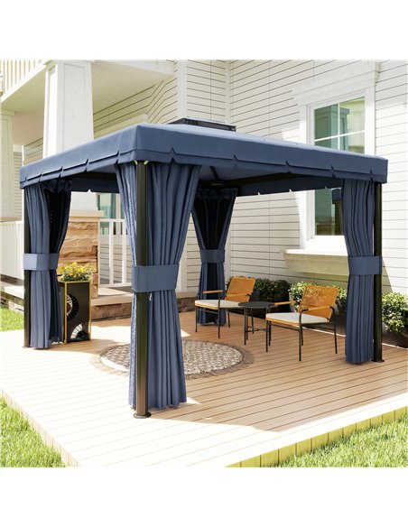 Outsunny 3 x 3(m) Patio Gazebo Canopy Garden Pavilion Tent Shelter Marquee with 2 Tier Roof, Netting and Curtains, Dark Blue - pic 185854 | FastDaddyshop