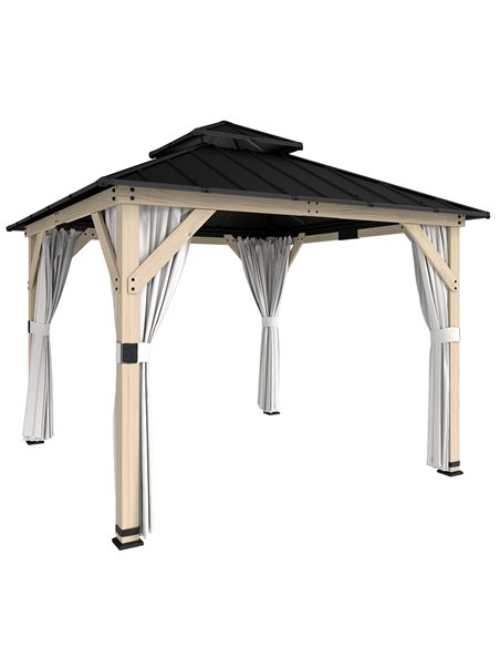 Outsunny 3 x 3 m Outdoor Hardtop Gazebo Canopy with 2-Tier Steel Roof, Wood Garden Gazebo with Curtains, Light Grey - pic 185855 | FastDaddyshop