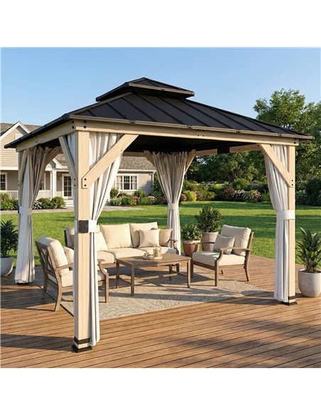Outsunny 3 x 3 m Outdoor Hardtop Gazebo Canopy with 2-Tier Steel Roof, Wood Garden Gazebo with Curtains, Light Grey - pic 185856 | FastDaddyshop