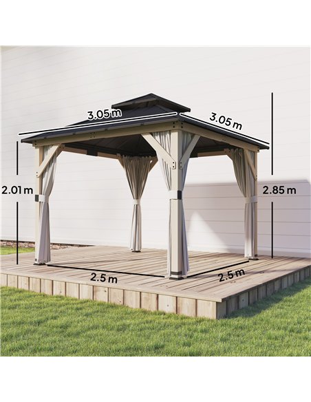 Outsunny 3 x 3 m Outdoor Hardtop Gazebo Canopy with 2-Tier Steel Roof, Wood Garden Gazebo with Curtains, Light Grey - pic 185857 | FastDaddyshop