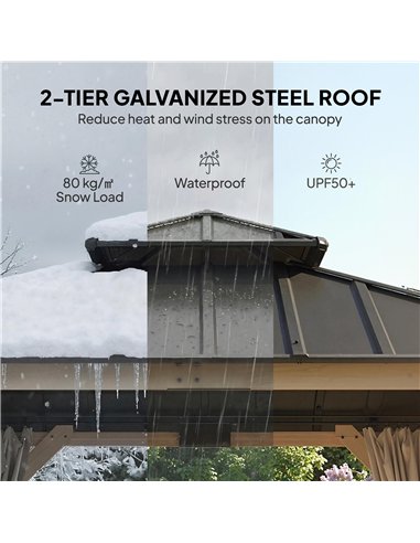 Outsunny 3 x 3 m Outdoor Hardtop Gazebo Canopy with 2-Tier Steel Roof, Wood Garden Gazebo with Curtains, Light Grey