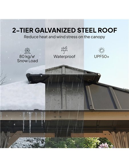 Outsunny 3 x 3 m Outdoor Hardtop Gazebo Canopy with 2-Tier Steel Roof, Wood Garden Gazebo with Curtains, Light Grey - pic 185858 | FastDaddyshop