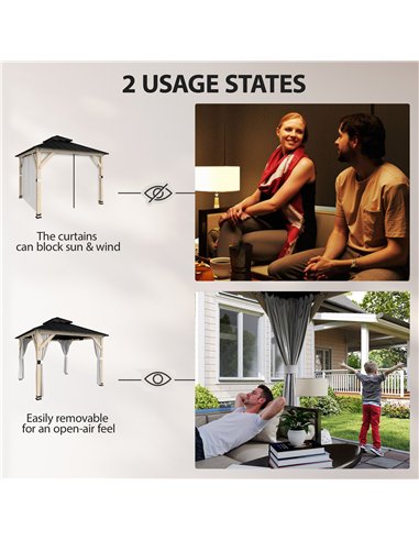 Outsunny 3 x 3 m Outdoor Hardtop Gazebo Canopy with 2-Tier Steel Roof, Wood Garden Gazebo with Curtains, Light Grey