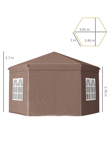 Outsunny 4m x 4m Hexagonal Metal Frame Garden Gazebo Brown