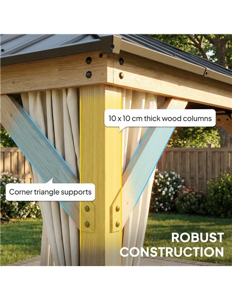 Outsunny 3 x 3 m Outdoor Hardtop Gazebo Canopy with 2-Tier Steel Roof, Wood Garden Gazebo with Curtains, Light Grey - pic 185860 | FastDaddyshop