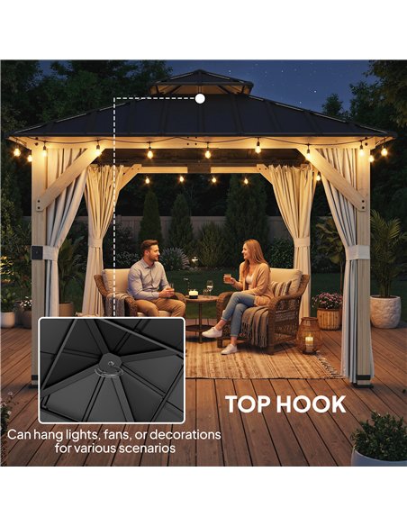 Outsunny 3 x 3 m Outdoor Hardtop Gazebo Canopy with 2-Tier Steel Roof, Wood Garden Gazebo with Curtains, Light Grey - pic 185861 | FastDaddyshop