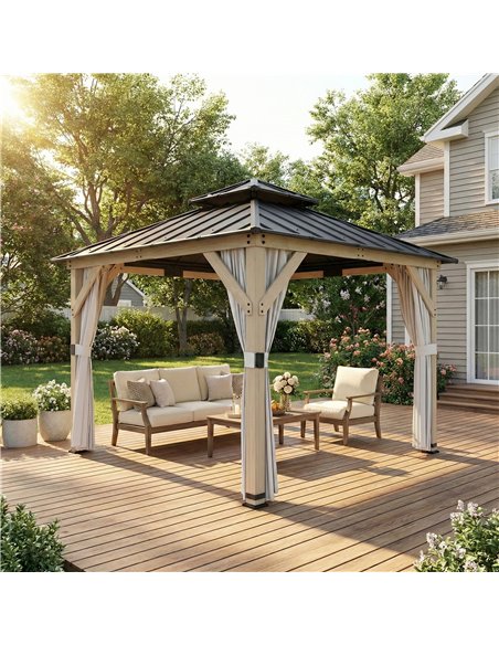 Outsunny 3 x 3 m Outdoor Hardtop Gazebo Canopy with 2-Tier Steel Roof, Wood Garden Gazebo with Curtains, Light Grey - pic 185863 | FastDaddyshop