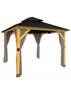 Outsunny 3 x 3 m Outdoor Hardtop Gazebo Canopy with 2-Tier Steel Roof, Wood Garden Gazebo with Curtains, Grey